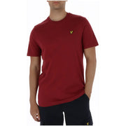 Maroon short-sleeved t-shirt with a yellow bird logo on the chest for lyle and scott menswear