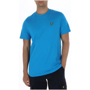 Lyle & Scott men’s bright blue short-sleeved round neck t-shirt with a small yellow bird logo on the left chest