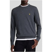 Charcoal gray crew neck sweater with white trim and yellow logo, lyle & scott brand.