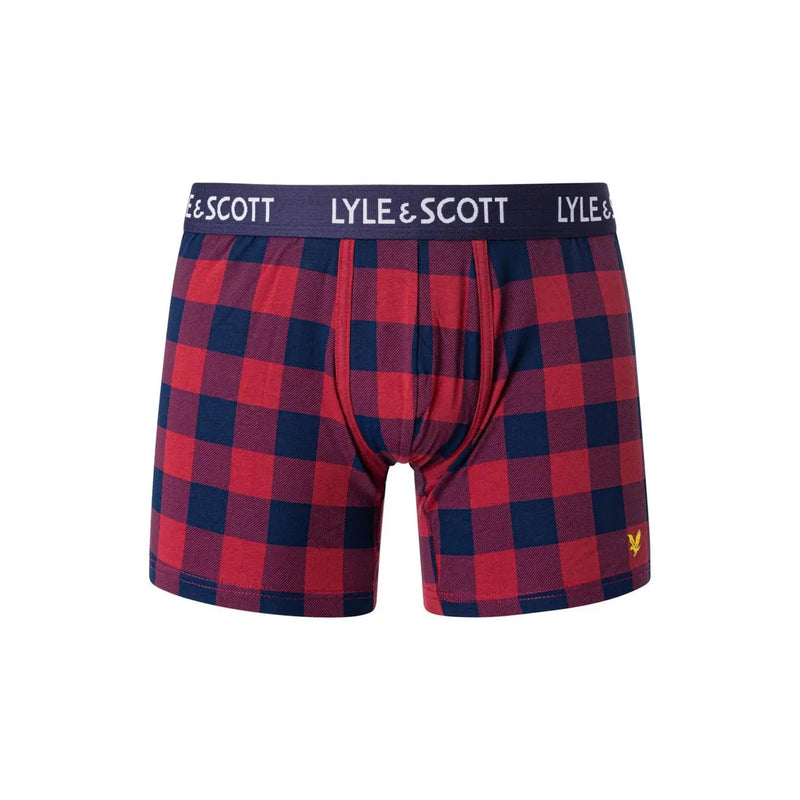 Boxers en coton pour homme Lyle and Scott, à carreaux rouges et bleu marine, avec ceinture griffée (vue de face)
