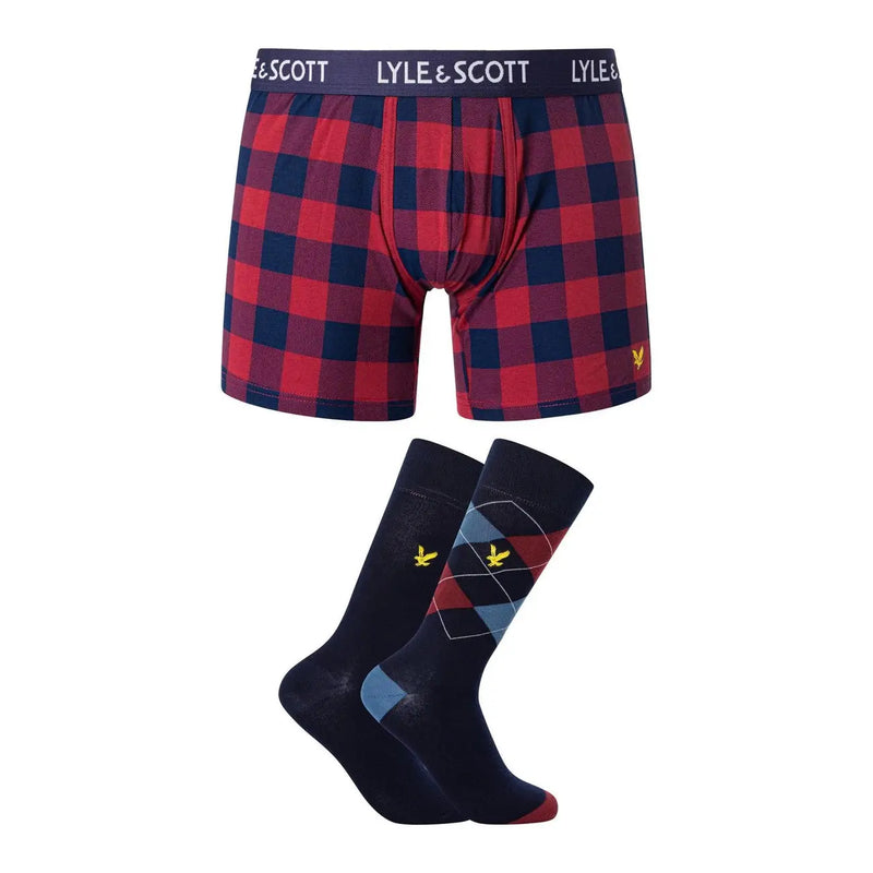 Boxers en coton pour homme Lyle and Scott, à carreaux rouges et bleu marine, avec ceinture ornée du logo assorti