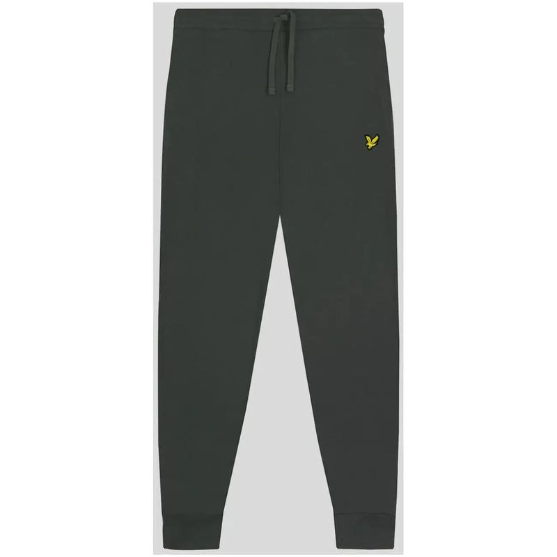 Lyle & Scott men’s dark grey cotton joggers with front pockets featuring a yellow bird logo on the left thigh