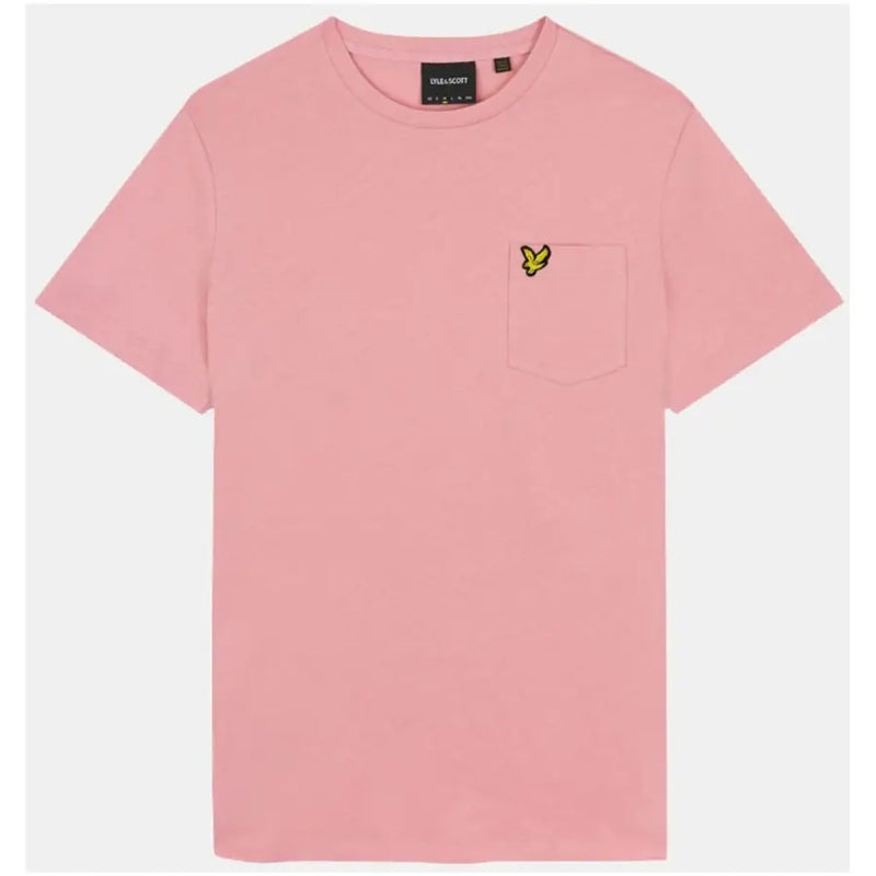 Lyle & Scott men’s soft pink printed t-shirt with a small chest pocket and yellow embroidered bird logo