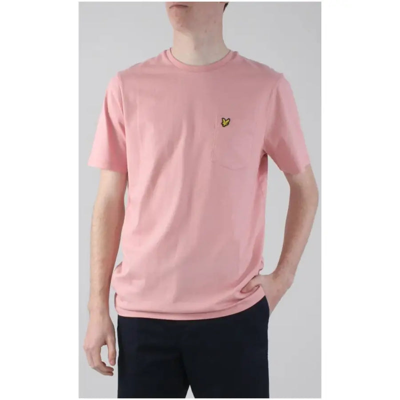 Lyle & Scott men’s soft pink short-sleeved t-shirt with front pockets and small yellow embroidered bird logo