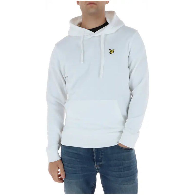 Lyle and Scott men’s white printed cotton hoodie sweatshirt with a small yellow bird logo on the chest