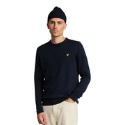 Lyle & Scott Pull en laine mérinos pour homme, bleu marine, avec logo oiseau jaune sur la poitrine gauche, vue de face