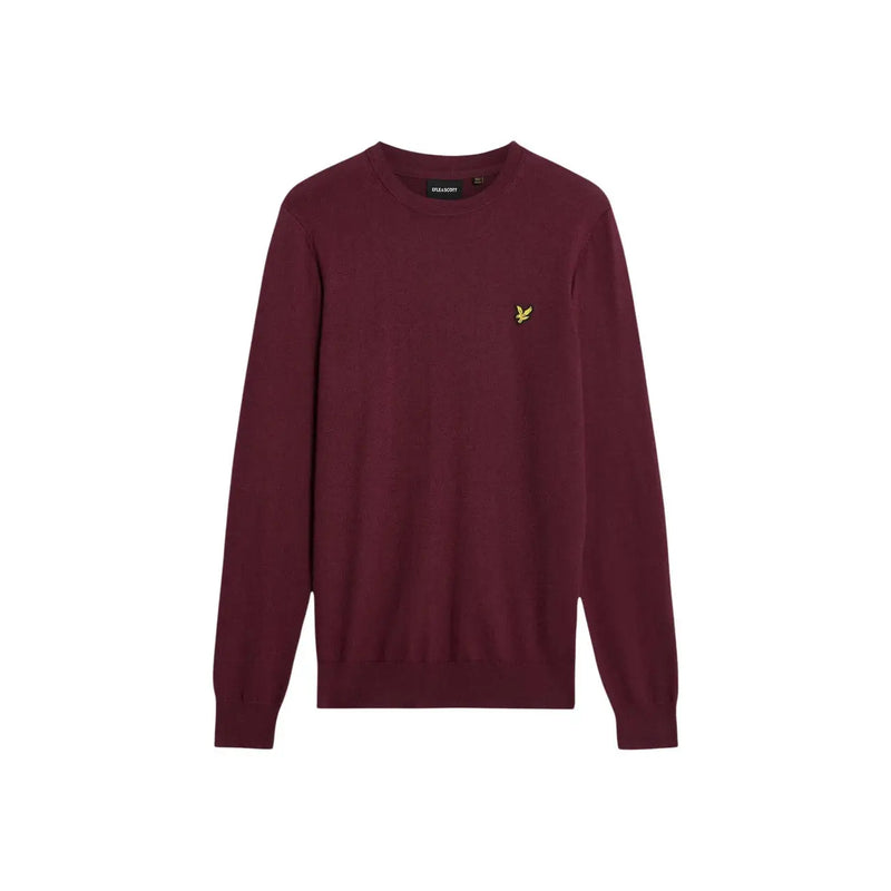 Lyle & Scott Pull en laine mérinos pour homme, couleur bordeaux, avec un petit logo oiseau doré sur la poitrine gauche, vue de face