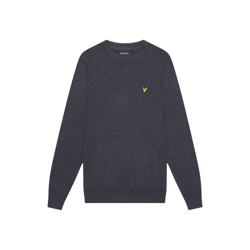 Lyle & Scott Pull homme en laine mérinos gris foncé avec petit logo oiseau brodé doré, vue de face