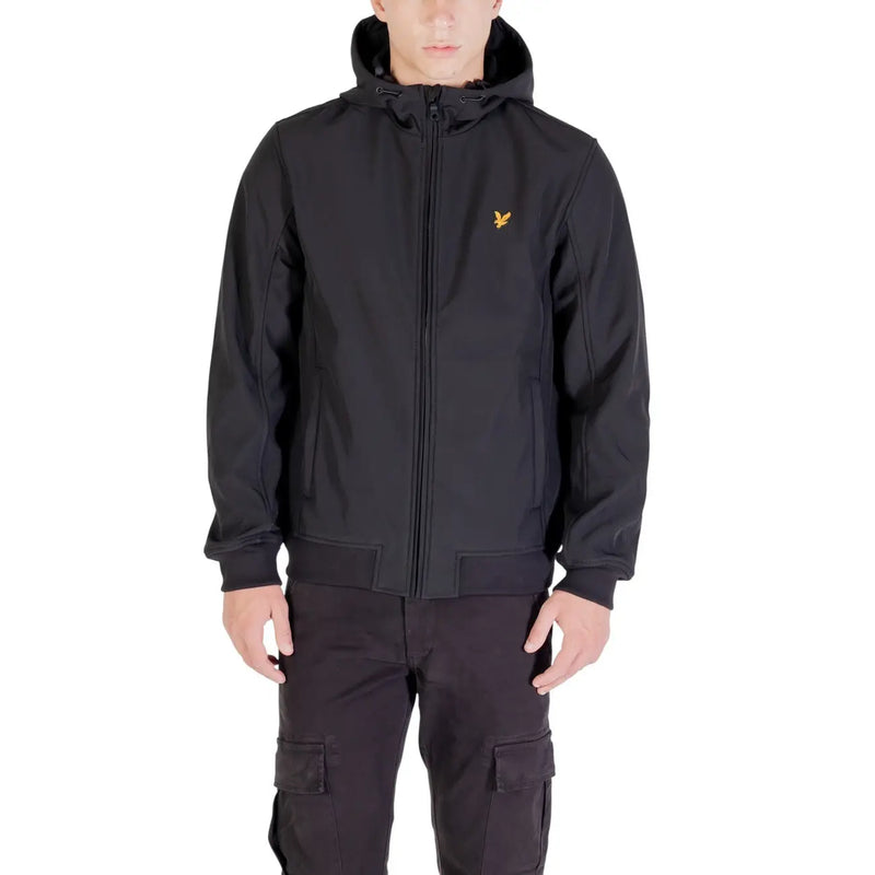 Veste softshell Lyle & Scott pour homme, noire avec logo oiseau brodé doré, vue de face