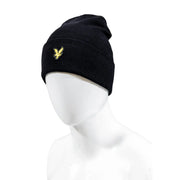 Lyle & Scott Bonnet en laine noire pour homme avec logo oiseau brodé doré, vue de face