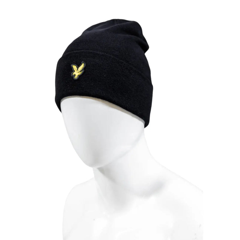Lyle & Scott Bonnet en laine noire pour homme avec logo oiseau brodé doré, vue de face
