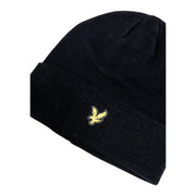 Lyle & Scott Bonnet en laine noire pour homme avec petit logo oiseau jaune brodé, vue de face