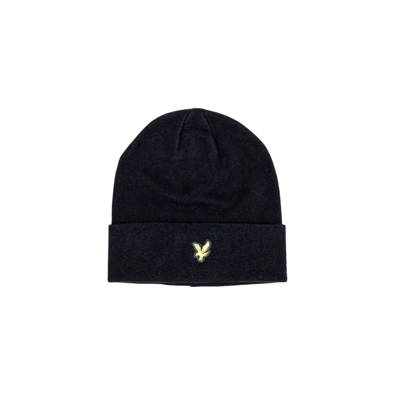 Lyle & Scott Bonnet en laine noir pour homme, à revers et logo oiseau brodé doré, vue de face