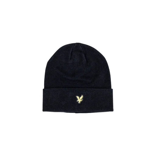 Lyle & Scott Bonnet en laine noir pour homme, à revers et logo oiseau brodé doré, vue de face