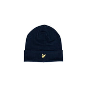 Lyle & Scott Bonnet en laine bleu marine pour homme, à revers et logo oiseau brodé doré, vue de face