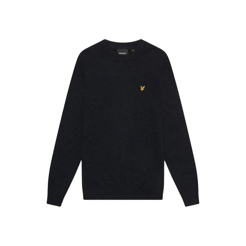 Lyle & Scott Pull en laine noire pour homme avec logo oiseau brodé doré sur la poitrine gauche, vue de face