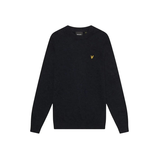 Lyle & Scott Pull en laine noire pour homme avec logo oiseau brodé doré sur la poitrine gauche, vue de face