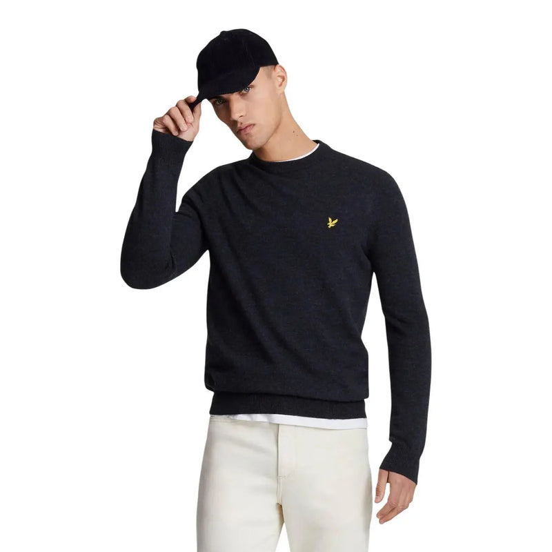 Lyle & Scott Pull en laine noir pour homme avec logo oiseau jaune sur la poitrine gauche, vue de face