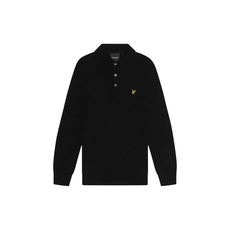 Lyle & Scott Pull en laine et coton mérinos noir pour homme, orné d'un logo oiseau doré et de boutons argentés (vue de face)