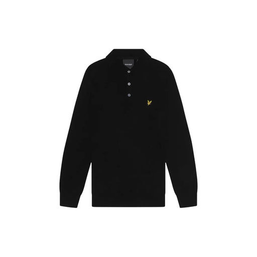 Lyle & Scott Pull en laine et coton mérinos noir pour homme, orné d'un logo oiseau doré et de boutons argentés (vue de face)