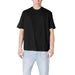 Man in black Armani Exchange round neck t-shirt and light blue jeans