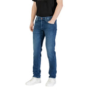 Mens Blue Denim Jeans featuring a man wearing white sneakers and blue jeans
