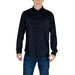 Man in dark blue mandarin collar shirt and jeans showcasing Armani Exchange White Shirt