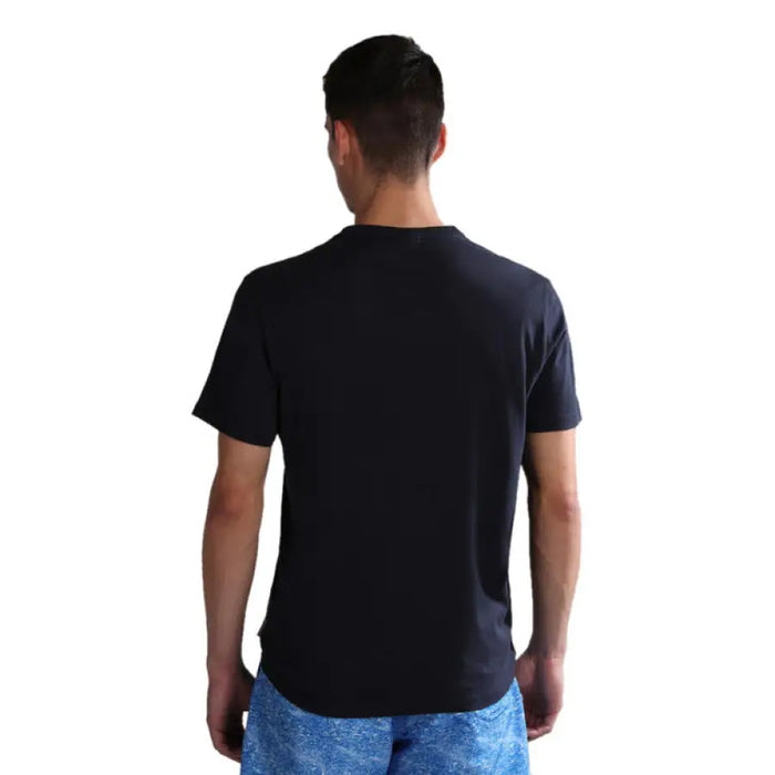 Man in a dark t-shirt from Napapijri Men’s Plain Blue Cotton Short Sleeve T Shirt
