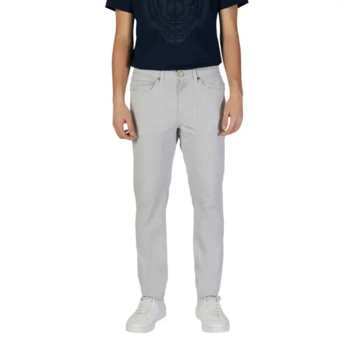 Man wearing gray pants featuring Jeckerson Mens Blue Cotton Trousers style