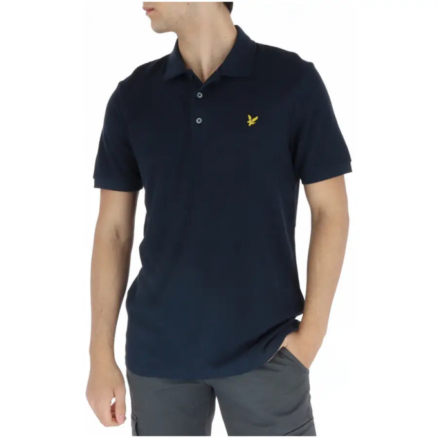 
                      
                        Lyle & Scott men polo in navy with yellow logo for urban style clothing
                      
                    