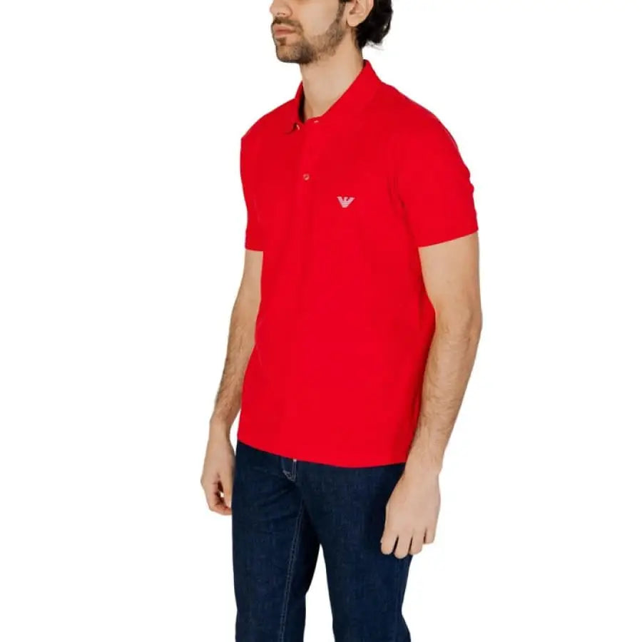 
                      
                        Man modeling red Emporio Armani men’s polo shirt from Emporio Armani Underwear collection.
                      
                    