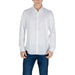 Man in white dress shirt and blue jeans showcasing Calvin Klein White Long Sleeve Shirt for Men