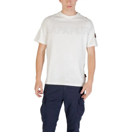 Man wearing a white crewneck t shirt and blue cargo pants for the White Crewneck T Shirt with Blue Cargo Pants Look