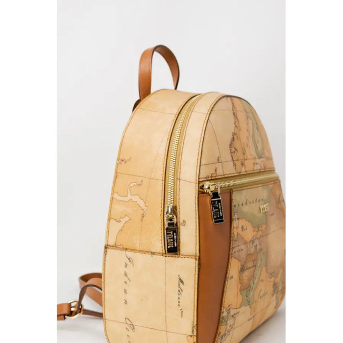 Map-patterned backpack with leather straps and brown accents for stylish urban use