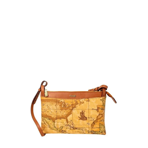 Map-patterned crossbody bag made of brown leather with stylish design and adjustable strap