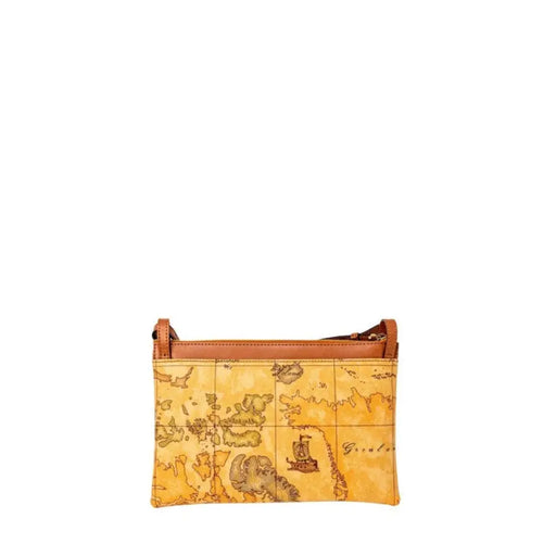 Brown leather shoulder bag featuring a map pattern design for stylish use