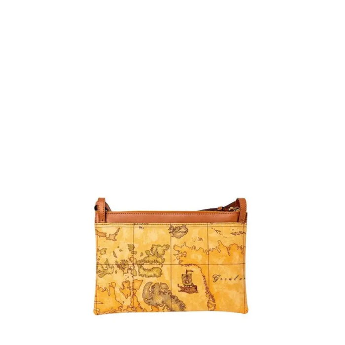 Brown leather shoulder bag featuring a map pattern design for stylish use