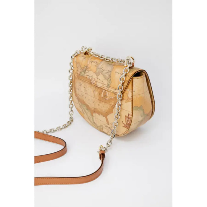 Tan leather map-patterned shoulder bag with chain strap for stylish accessories