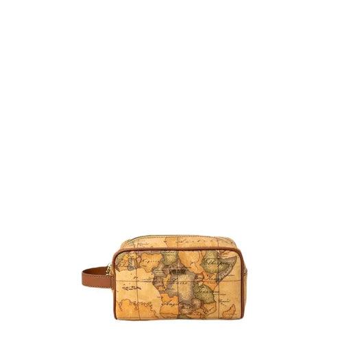 Map-patterned travel pouch with leather trim for the World Map Patterned Toiletry Bag
