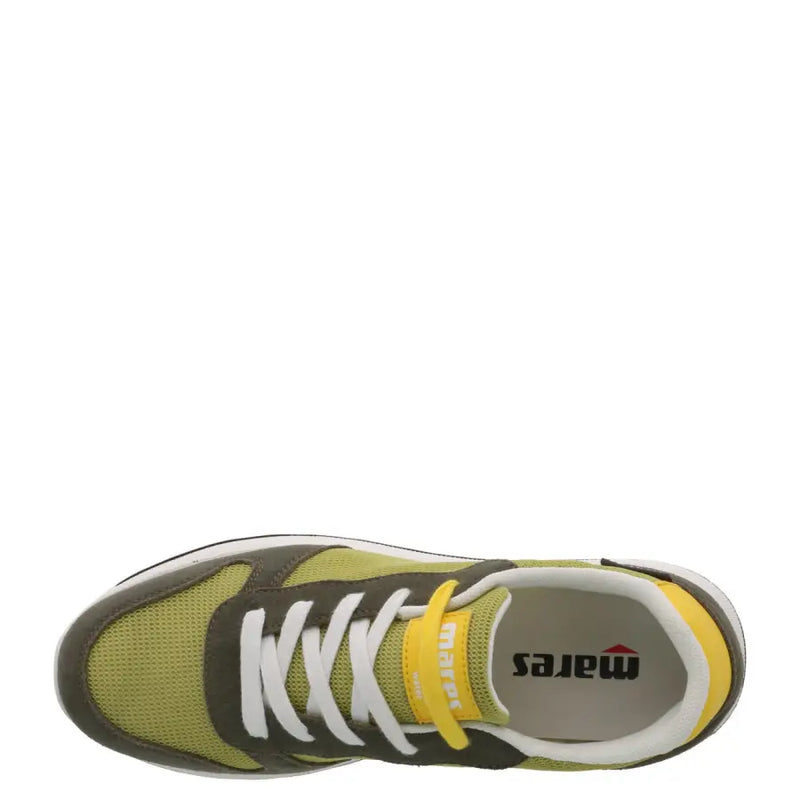 Mares men green slip-on sporty sneakers in olive green and dark gray mesh with yellow accents and white laces