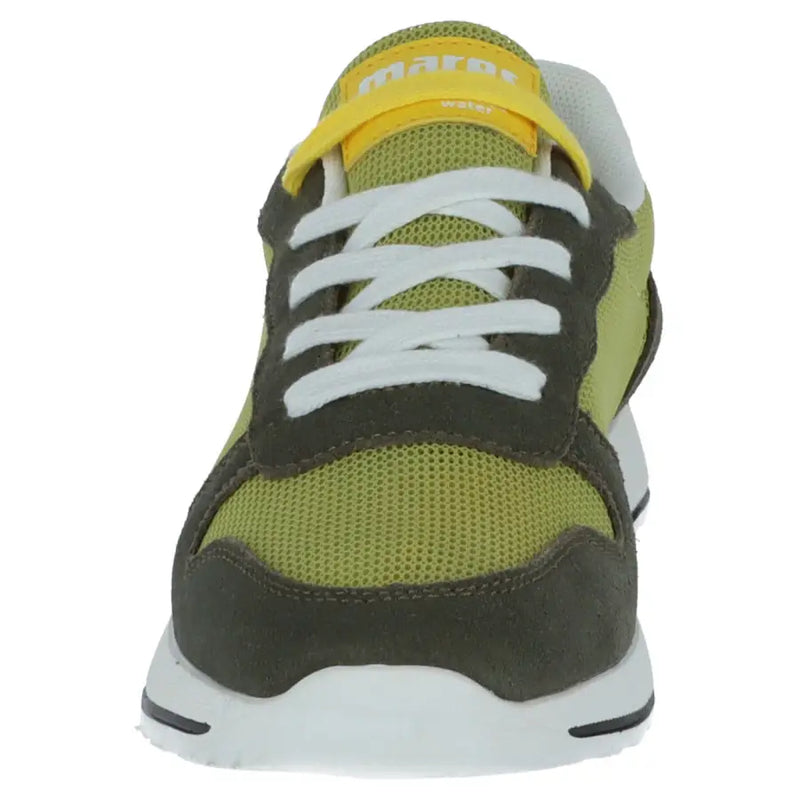 A vibrant lime green and dark olive Mares men green slip-on sporty sneaker with white laces and a white rubber sole