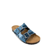 Sandales à enfiler pour homme Mc2 Saint Barth en coton camouflage bleu, avec deux brides à boucle argentée et semelle intérieure en liège.