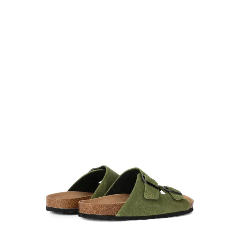 Sandales à enfiler en daim vert olive avec brides à boucle noire et semelle intérieure en liège de Mc2 Saint Barth, pantoufles en coton vert pour femmes
