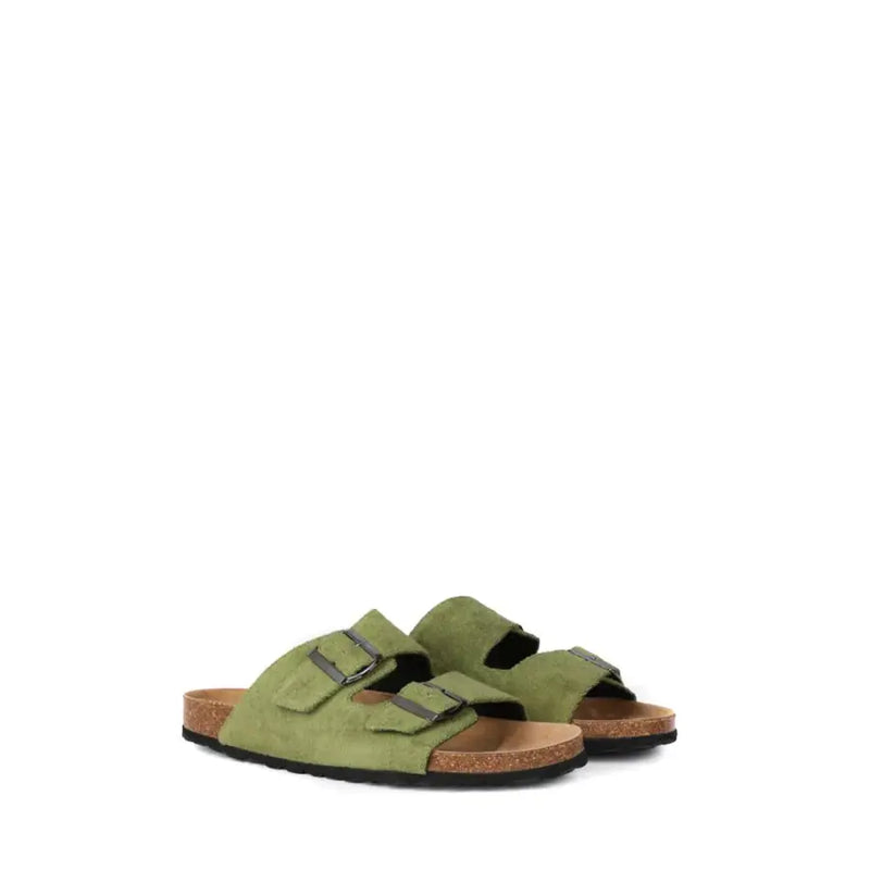 Sandales à deux brides en daim vert olive avec boucles en métal noir et semelle intérieure en liège de la marque MC2 Saint Barth, pantoufles en coton vert pour femmes