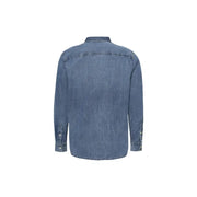 Men blue denim long sleeved shirt with classic collar and buttoned cuffs made from durable denim fabric