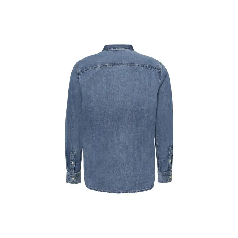Men blue denim long sleeved shirt with classic collar and buttoned cuffs made from durable denim fabric