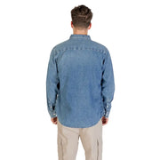Men blue denim long sleeved shirt made of medium wash denim with classic collar and stitched detailing