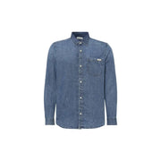 Men blue denim long sleeved shirt featuring a classic button-up design with collar and chest pocket