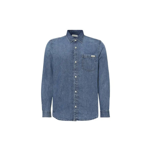 Men blue denim long sleeved shirt featuring a classic button-up design with collar and chest pocket