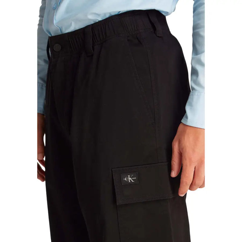 Men’s black Calvin Klein cargo pants with elastic waistband and front patch pocket in durable fabric
